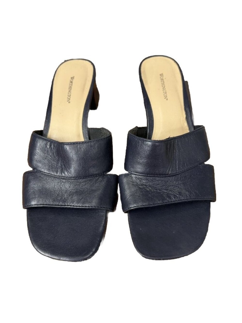 Vtg 90s Worthington Women’s 8.5 Navy Leather Square Toe Block Heel Mules Shoes